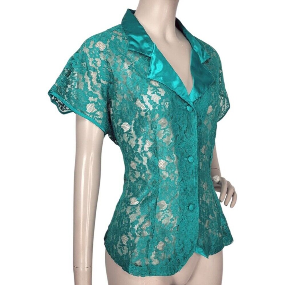 Vintage 80s Victoria's Secret Green Lace Gold Label Satin Collar Button-Down Top